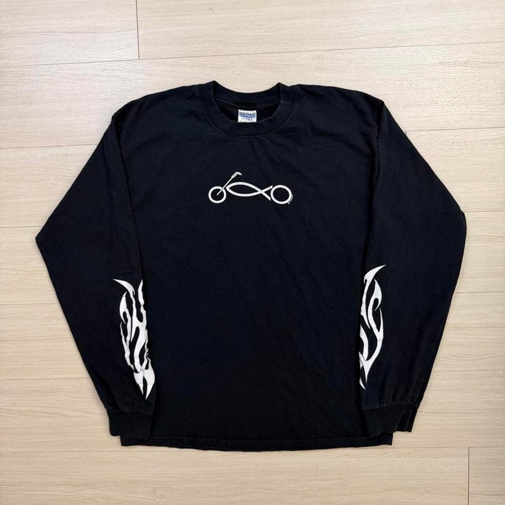 Y2K Motorcycle Fish Flames Black Long Sleeve Shirt Mens Size Large